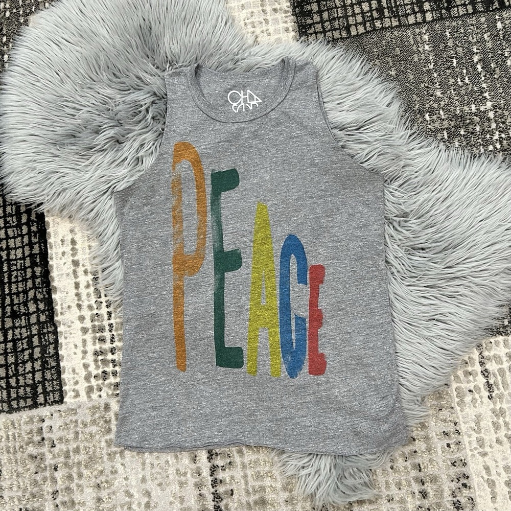 Chaser Women's Gray & Colorful Rainbow Printed "Peace" Raw Edge Tank Top Size S